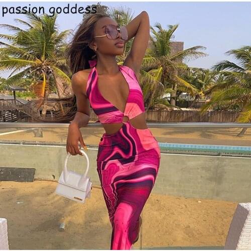 Summer Women Halter Lace Up Sexy Bodycon Mid Calf Club Party Dress Sleevelss Print Cut Out Split Bandage Dress Vestido De Mujer