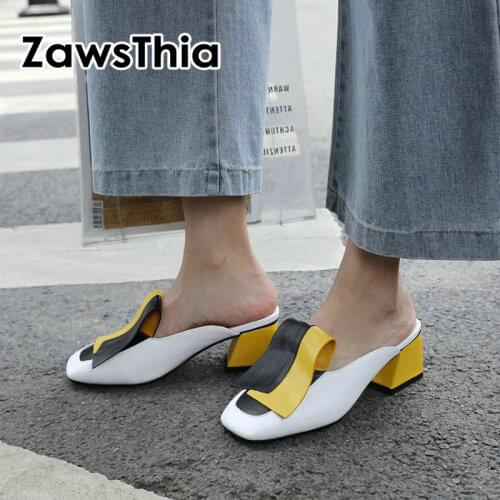 ZawsThia 2020 summer new geometric design yellow chunky high heels woman shoes ladies slip on slippers slides mules size 44 45
