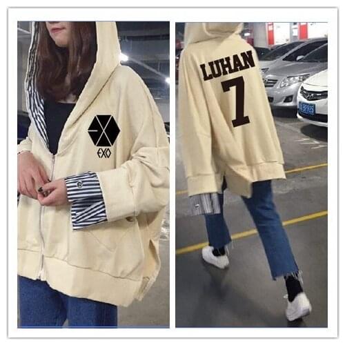Kpop EXO fashion loose Fake two zipper hoodies women casual loose hoodies streetwear autumn hooded sweatshirts Harajuku clothes