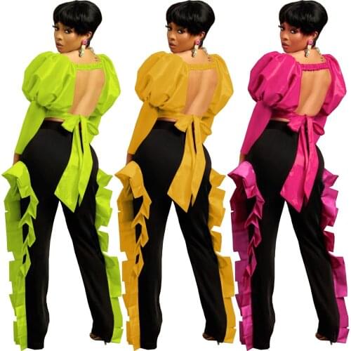 Fashion Ruffles Pants Suit Fall Clothes For Women Sexy Puff Sleeve Backless Lace Up Crop Top + Leggings Slim Club Two Piece Set