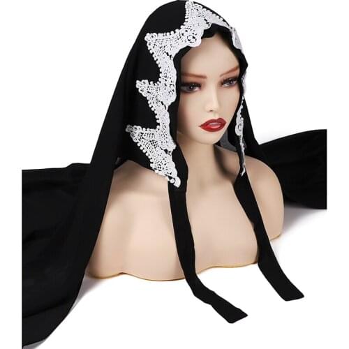 Fashion Embroidered Lace Scarf Rope Pin Free Chiffon Hijab Muslim Wrap Solid Color Shawls Headband Islamic Foulard