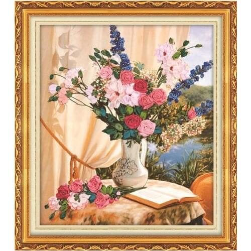 3D rose flower vase Ribbon embroidery oil painting set floral kits handcraft cross-stitch DIY handmade needlework wall art decor
