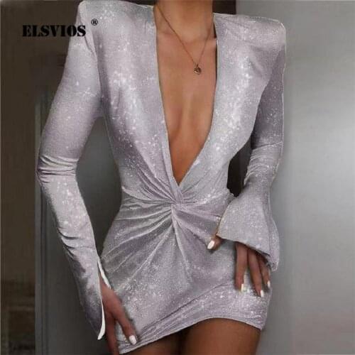 Satin Club Party Dress Women Sexy Deep V-neck Ruched Bodycon Autumn Dress Elegant Long Sleeve Mini Dress Vestidos Dropshipping