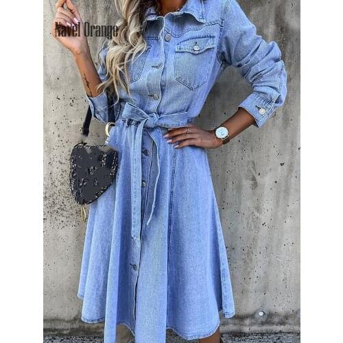 New Women Spring Autumn Turn-Down Collar Full Sleeve Denim Dress Casual Solid Button Mini Dress Fashion Elegant Streetwear Dress