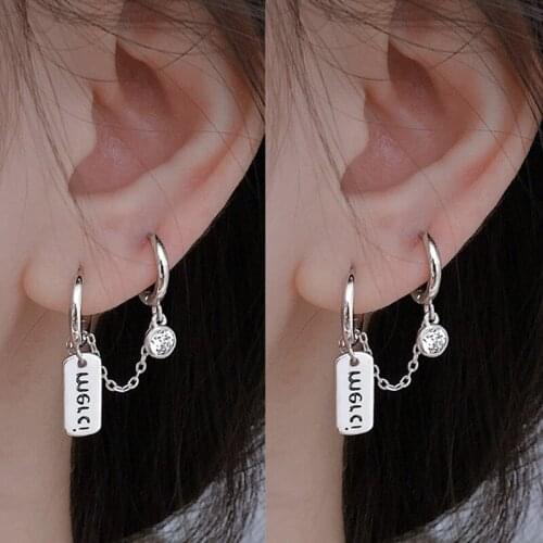 Two Hole Piercing Earrings for Women Girls White Zircon Chain Ear Buckle Chain Letter Earring Party Korean Fashion Jewelry