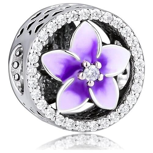 Fits for Pandora Charms Bracelets Floral Beads with Pale Voilet Enamel 100% 925 Sterling Silver Jewelry Free Shipping