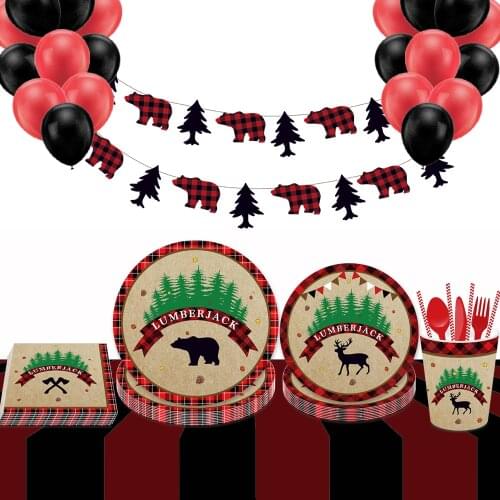 Lumberjack Forest Animal Theme Party Disposable Tableware Paper plates cups straw Birthday Baby Shower Decoration Party Supplies