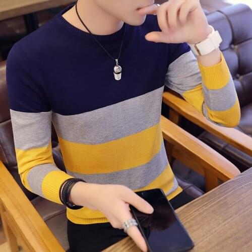 Casual Men Sweater Color Block Patchwork O Neck Long Sleeve Knitted Sweaters Top Blouse For Warm Mens Clothing Striped C251