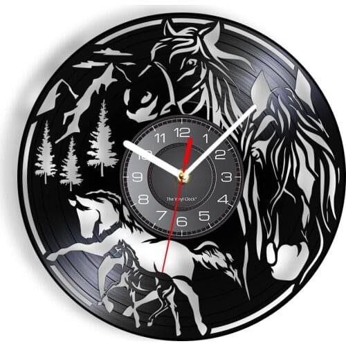 A Herd Of Horses Decorative Wall Clock Mountain & Tree Wildlife Steed Pony LED Backlight Modern Wall Watch Vinyl Art-Wall Decor