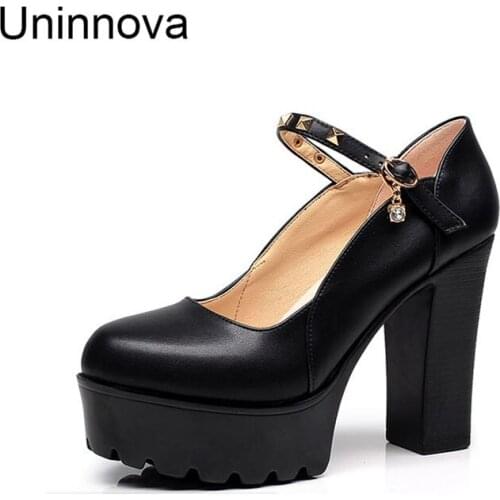 Uninnova Womens Mary Janes Split Leather Platform High Heels Buckle Shallow Office Lady Rivet Pumps Court Shoes 34-39 WP063
