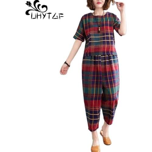 UHYTGF Women Suit Fashion Printed Cotton Linen Casual Thin Summer Two-Piece Seet Female Tracksuit Vintage Plus Size Clothes 2187