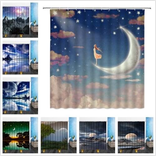 Starry Sky Night Landscape Shower Curtains Moon Star Planet Bathroom Waterproof Polyester Bath Curtain Home Decor With Hooks