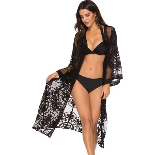Womens Sexy Floral Lace Bikini Cover Ups Crochet Sheer Open Front Cardigan Solid Color Swimsuit Beach Midi Long Kimono