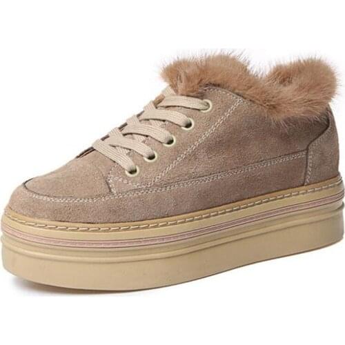 New Lace-up Winter Shoes Fashion Ankle Boots Warm Shoes Rabbit Fur Matter Leather Shoes Woman Casual Sneakers Winter Snow Shoes