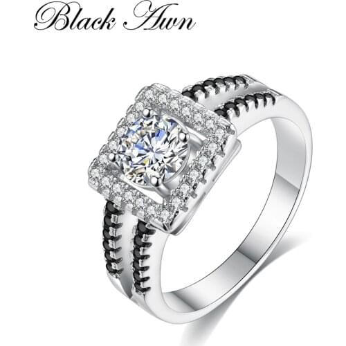 2020 New Fashion Genuine 925 Sterling Silver Jewelry Square Engagement Rings for Women Black&White Stone Bague Femme Ring C215