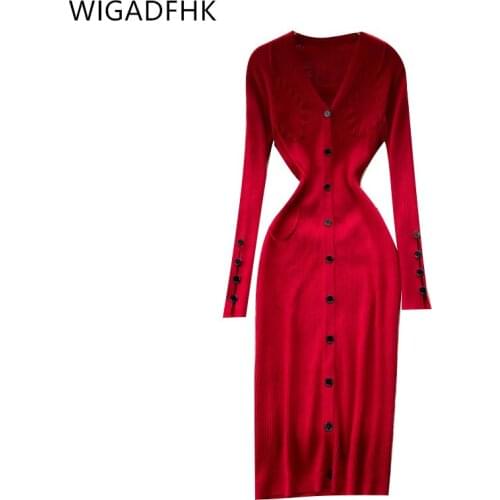 Long-sleeved V-neck Dress 2021 Fall Solid Color Single-breasted Robe Casual Knit Sexy Elegant Ladies Party Pure Red Vestidos