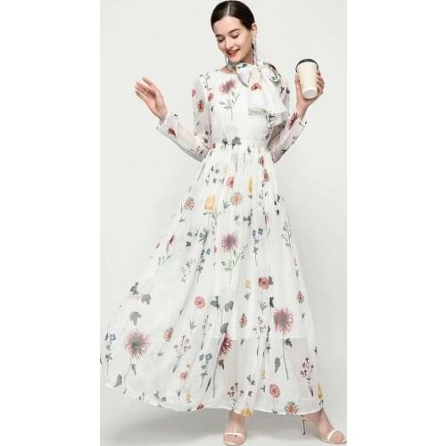 Dresses for women 2021Floral print Draw back Thin Long sleeve Long Flowy fairy floral dress Evening dress white dress women