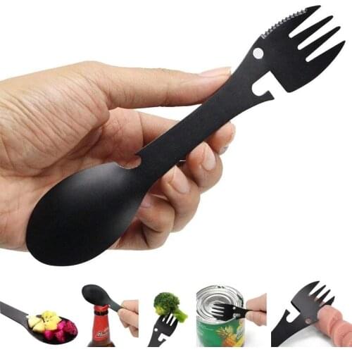 1PCS 5 in 1 Multi-functional Outdoor Tools Stainless Steel Camping Survival EDC Kit Practical Fork Knife Spoon Bottle/Can Opener