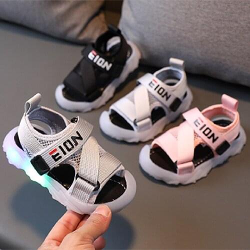 2021 Summer New Boys Jelly Colors Mesh Shoes Childrens LED Lighted Sandals Toe Protection Soft-soled Beach Shoes SIze 21-30