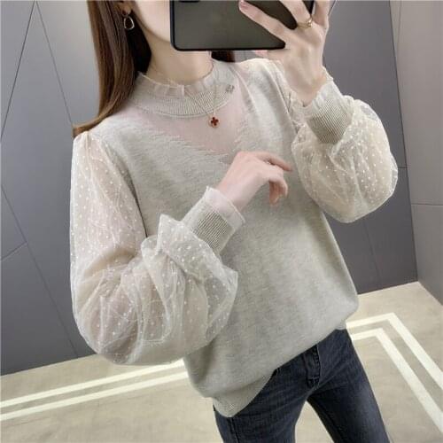 2021 Real Rushed 19762 (2 Room 1 Row Under 5) Will Round Collar Hollow-out Splicing Yarn Net Lace Sleeve Sweater 50