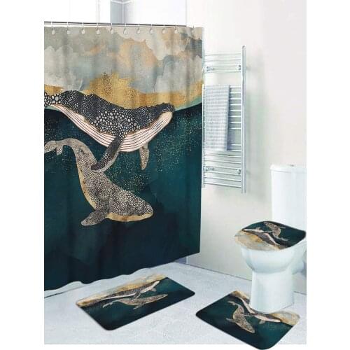 Bathroom Shower Curtain Set 4Pcs 3D Ocean Whale Seahorse Mermaid Waterproof Anti-Skid Rugs Toilet Lid Cover Bath Mat Dropship