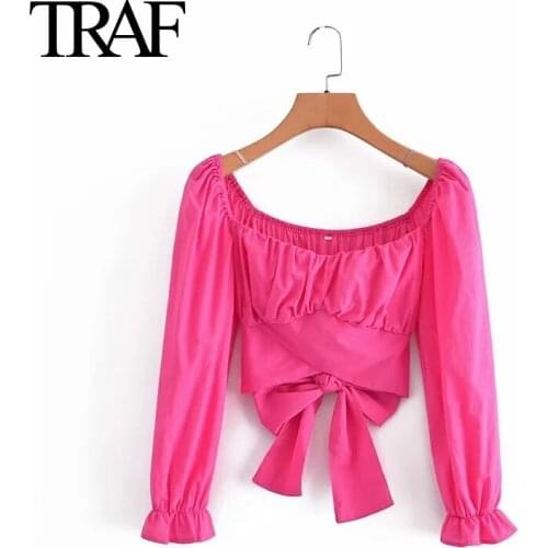 Traf Women Clothing 2021 Spring Autumn Femme Loose Short Shirts Chic Backless LadiesTops Bowknot Bandage Long Sleeve Blouses