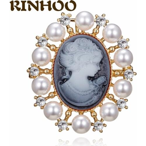 RINHOO Vintage Rhinestones Cameo Pearl Brooches for Women Queens Cameo Beauty Head Brooch Pin Clothing Accessories Girls Gifts