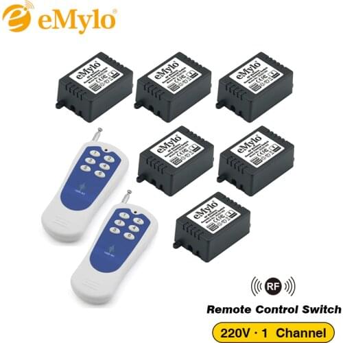 EMylo Switch AC220V 1000W 2X White&Blue Transmitter 6X 1 Channel Relays Smart RF Wireless Remote Control Light Switch 433Mhz