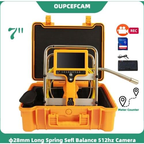 Φ28mm Long Spring Self Balance 512hz Camera Drain Sewer Pipe Inspection Endoscope 7" Screen DVR Keyboard Meter Counter 5mm Cable