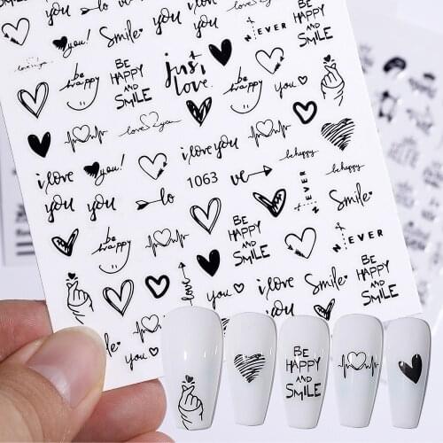 Hot Selling 3d Nail Stickers Black And White English Letters Love Heart Sketch Flower Applique Diy Nail Slider Nail Decoration
