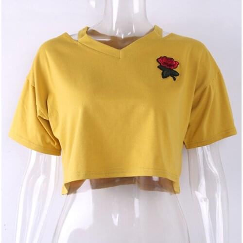 Fashion Women Short Floral T-Shirt Summer Sexy Hollow Out Short Sleeve Casual Solid Color Crop Top Rose Embroidery T-shirt