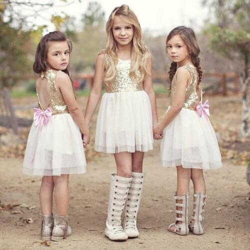 Fashion Kids Summer Clothes Children Girl Sequins Party Cake Dress Toddler Baby Girl Lovely Bows Gold Sequined Dress 3-10Y