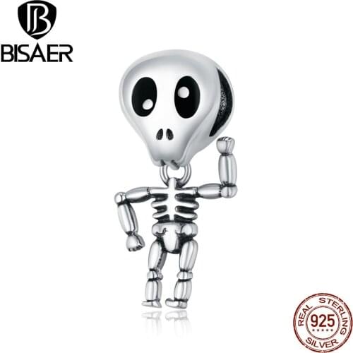 BISAER Halloween Skull Man Beads 100% 925 Sterling Silver Retro Charm Pendant Fit DIY Making Bracelet Necklace Jewelry ECC1617