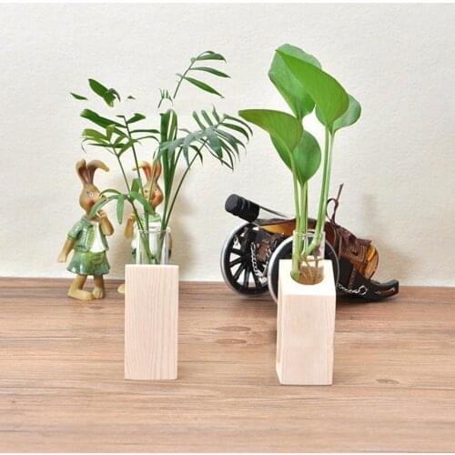 Crystal Glass Vase Test Tube Shape In Wooden Stand Decoration For Hydroponic Home Plants Garden W5F9