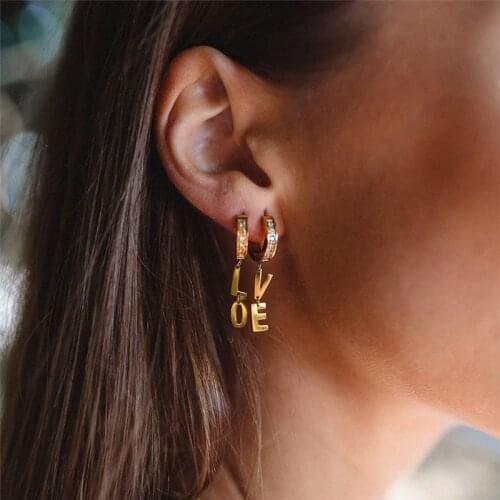Letter LOVE Crystal Drop Earrings for Women Asymmetric Gold Color Minimalist Fashion Jewelry Wedding Party Ear Buckle Bijoux