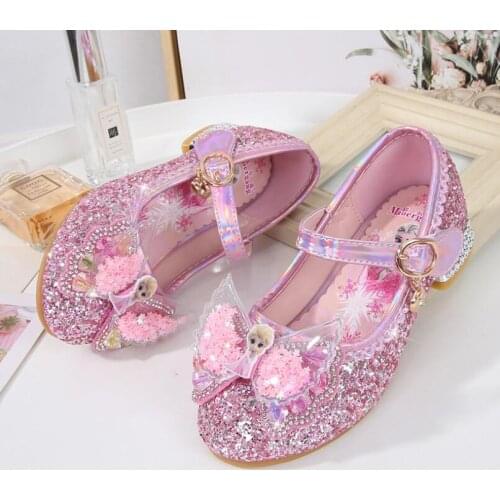 Disney Girls Wedding Shoes Glitter New Brand High Heels Children Elsa Princess Sandals Dance Kids Fashion Party Shoes with Bow