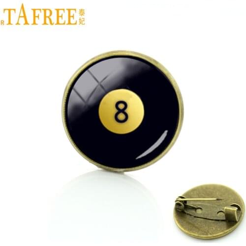 TAFREE Number Eight Billiard Ball Brooches Pins Trendy Vintage Glass Cabochon Brooches Pins Badge For Leisure Mens Jewelry T564