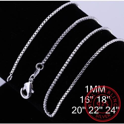 40cm-60cm Thin Real 925 Sterling Silver Slim Box Chain Necklace Women Girls Children 16-24inch Jewelry kolye collares collier