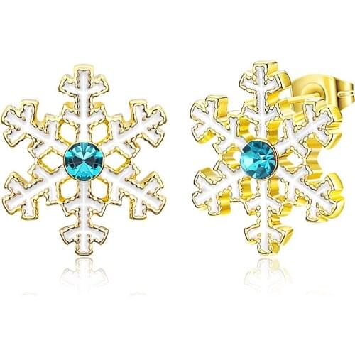 UFOORO Enamel Stud Earring Female Blue Cubic Zirconia Cute Snowflake Earring Women Bijoux Gift Exquisite Christmas Stud Earrings