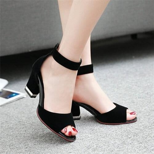 High Sandals Female Pump New Fashion Buckle Strap Soft Synthetic Leather Thick Heel Solid Party Women Pumps Sandals