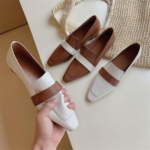 2021 Spring Genuine Leather Color Matching Women Pumps Square Toe Chunky Heel Full Leather Inside and Outside Low Heel Loafers