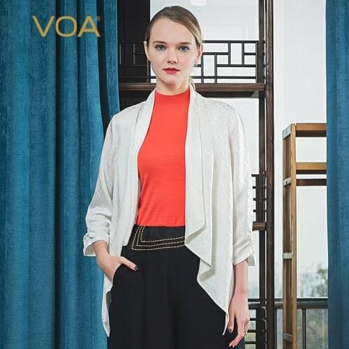 VOA 22m/m Jacquard Silk Ivory White Scarf Collar Pleated Ninth Sleeve Asymmetric Cardigan Women B4017 Shirts for Women