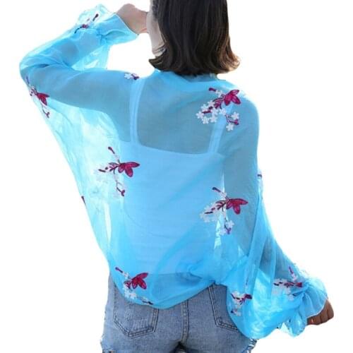 Women Girls Long Sleeve Summer Sun Coat Mesh Breathable Chiffon Shawl Riding Beach Sunscreen Shade Cover