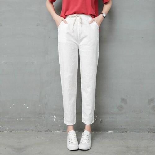 Summer Fashion Thin Straight Cotton Linen Pants Girls Washed Flat Casual Lace Up White Pants Ladies Long Trousers Large Size 2xl