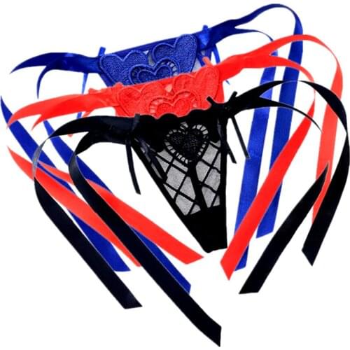 French Romantic Low Thong Transparent Strappy Bow Hot Thong Girls Sexy Ultra-thin Plaid "Heart" Back G String Women Low Waist