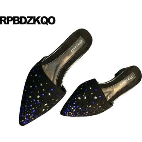 Rhinestone Pink Ladies Beautiful Flats Shoes Large Size Pointed Toe Slippers Black Crystal Stud Mules Suede Metal Sandals Women