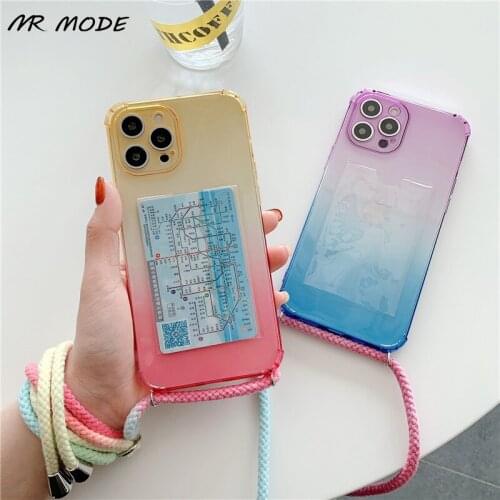 Gradient Long Rope Strap Cord Chain Necklace Lanyard Card Case For iPhone 11 12 Pro XS Max Mini XR X 7 8 6 6S Plus SE 2020 Capa