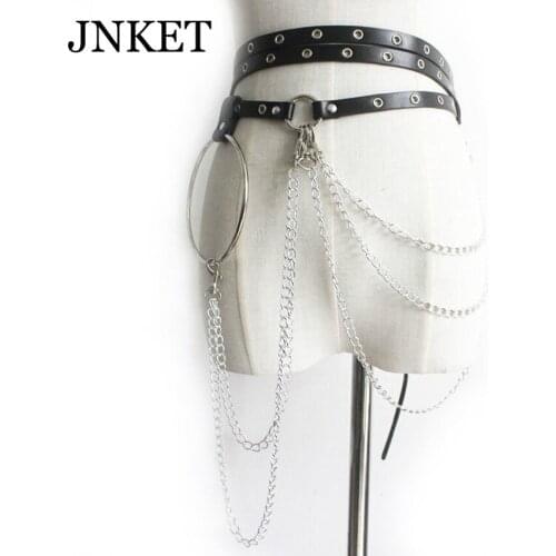 JNKET New PU Leather Harness Belts Metal Ring Chain Waist Belt Women Waistband Punk Waist Strap