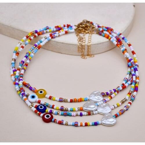Bohe Colorful Rice Beads Strand Necklaces Love Pearl Pendant Clavicle Handmade Chain Choker Necklace Party Beach Jewelry Gifts