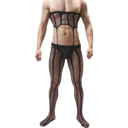 Mens Jumpsuit Sexy Mens Pantyhose Plus Size Man Body Stockings Striped Tights Lingerie for Male Underwear Open Crotch Bodysuit